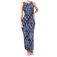 Polynesian Monstera Tiare Floral Family Matching Tank Maxi Dress and Hawaiian Shirt Royal Blue Tropical Plaid LT01 Mom's Dress Blue - Polynesian Pride