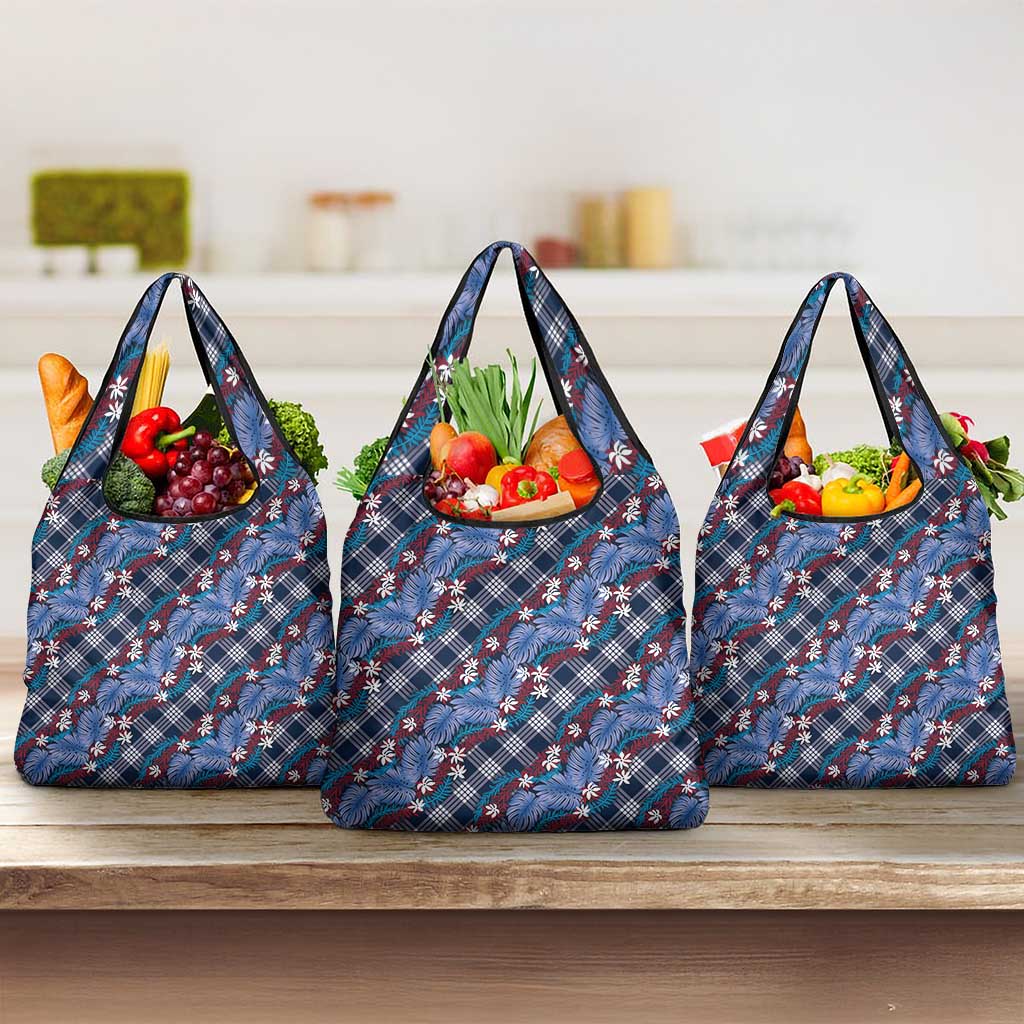 Polynesian Monstera Tiare Floral Grocery Bag Royal Blue Tropical Plaid - Polynesian Pride
