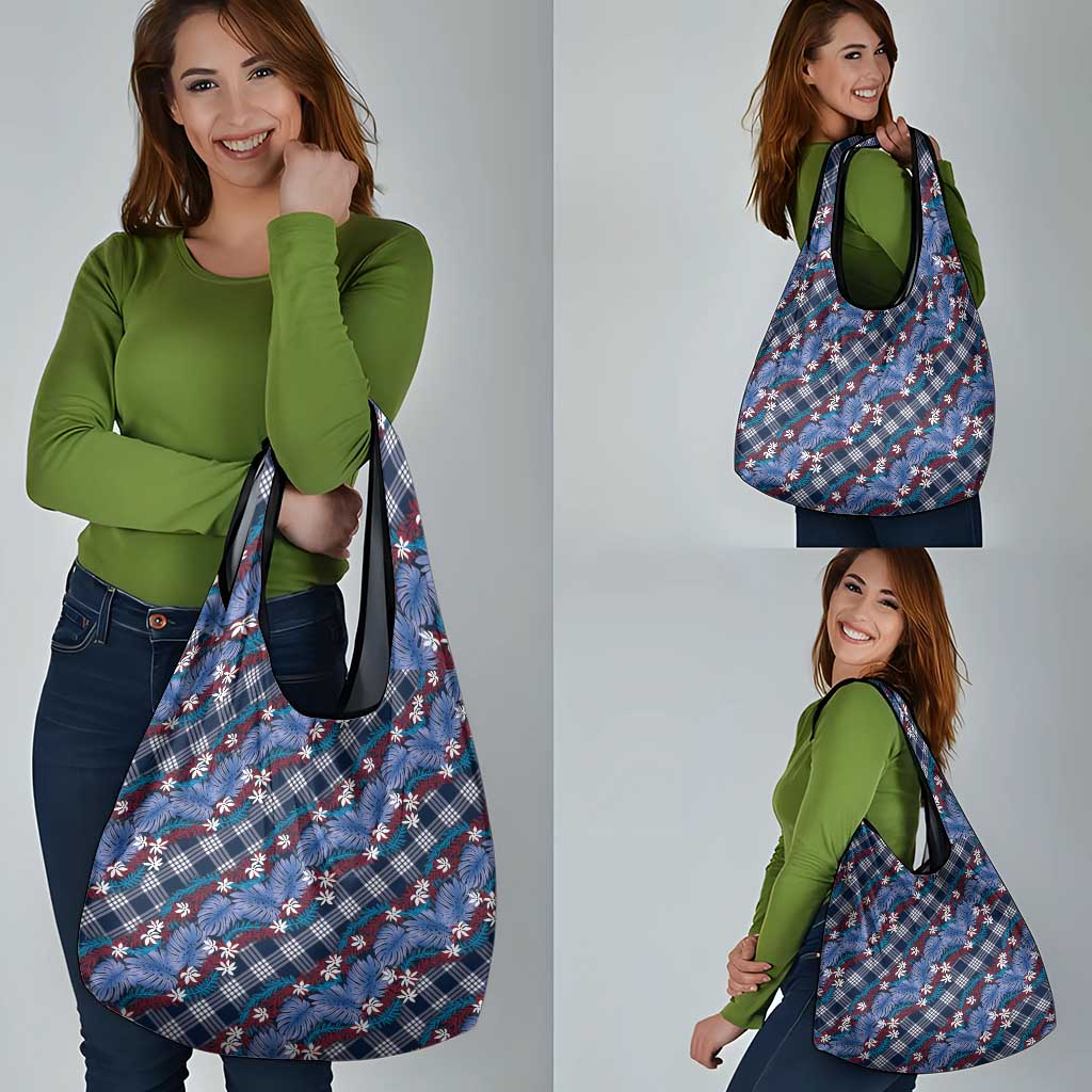 Polynesian Monstera Tiare Floral Grocery Bag Royal Blue Tropical Plaid - Polynesian Pride