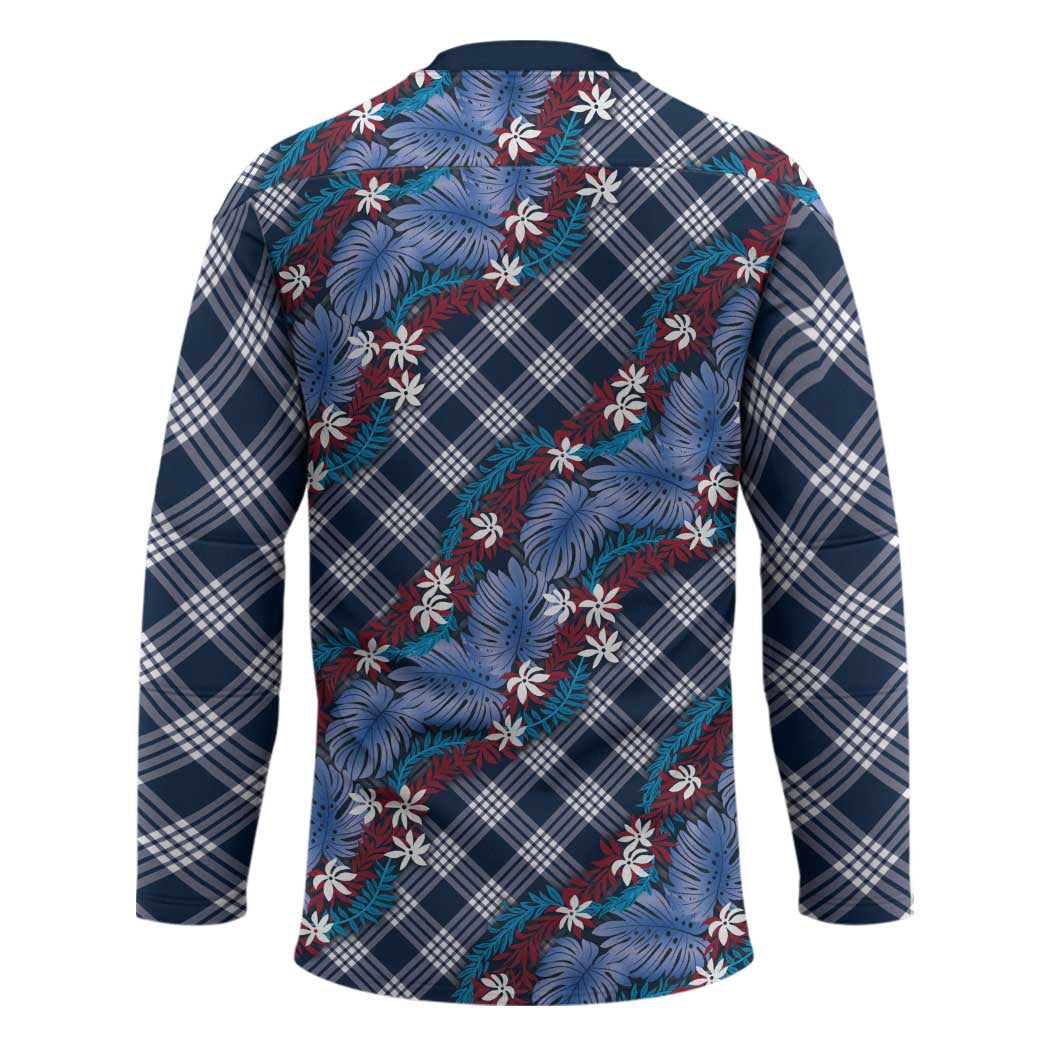 Polynesian Monstera Tiare Floral Hockey Jersey Royal Blue Tropical Plaid LT01 - Polynesian Pride