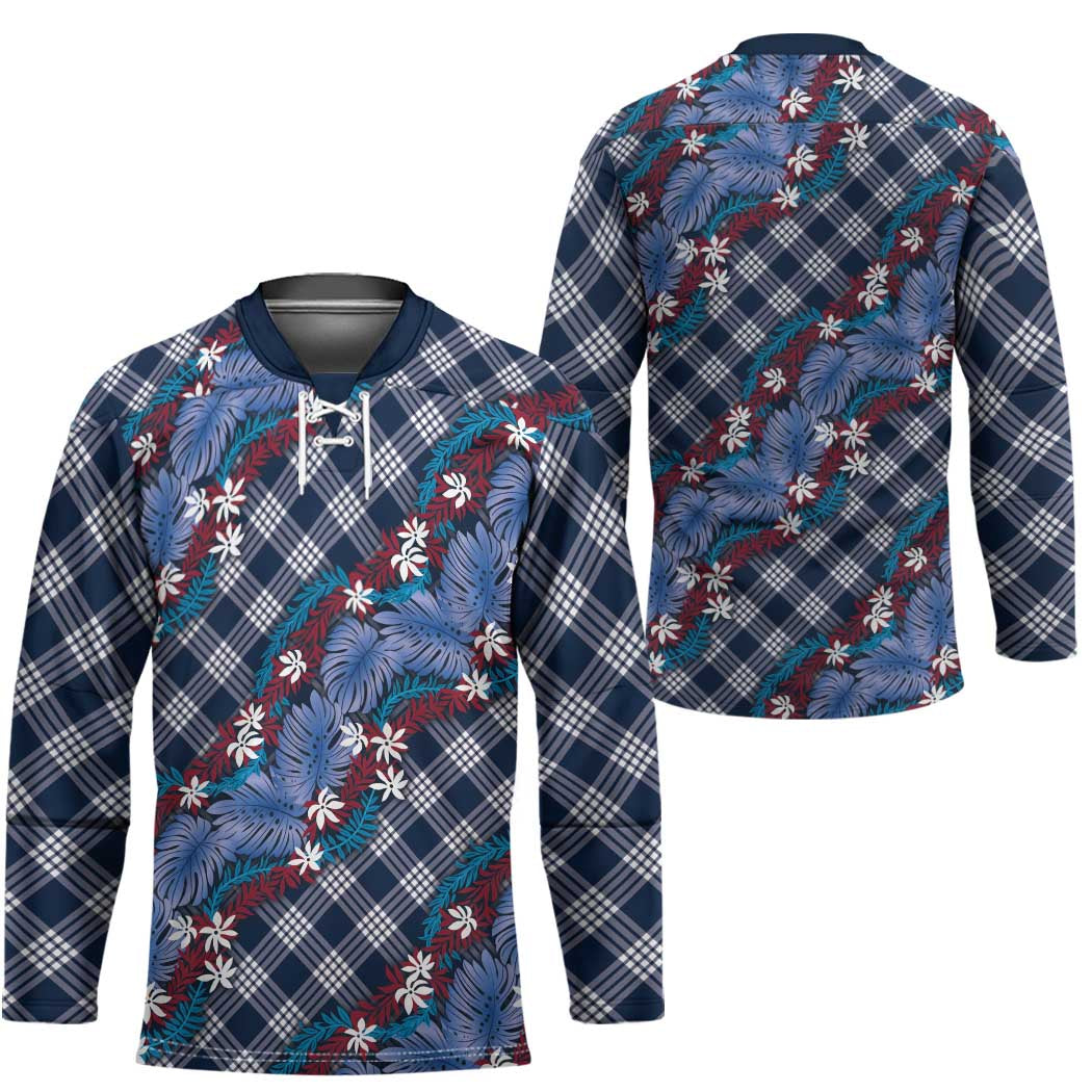 Polynesian Monstera Tiare Floral Hockey Jersey Royal Blue Tropical Plaid LT01 - Polynesian Pride