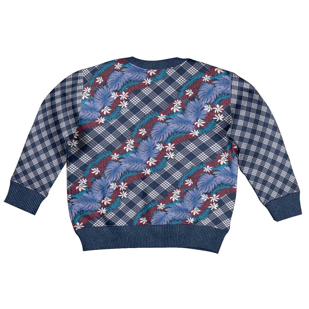 Polynesian Monstera Tiare Floral Kid Ugly Christmas Sweater Royal Blue Tropical Plaid - Polynesian Pride