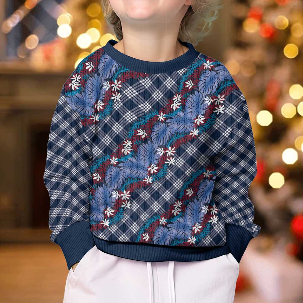 Polynesian Monstera Tiare Floral Kid Ugly Christmas Sweater Royal Blue Tropical Plaid - Polynesian Pride