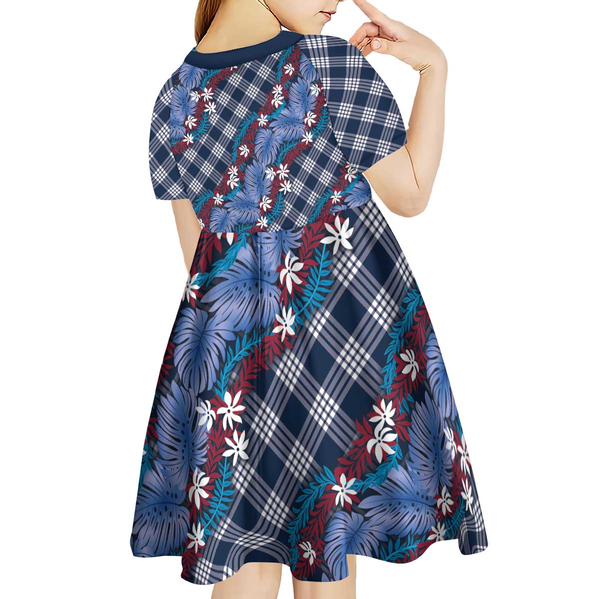Polynesian Monstera Tiare Floral Kid Short Sleeve Dress Royal Blue Tropical Plaid - Polynesian Pride