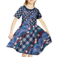 Polynesian Monstera Tiare Floral Kid Short Sleeve Dress Royal Blue Tropical Plaid - Polynesian Pride