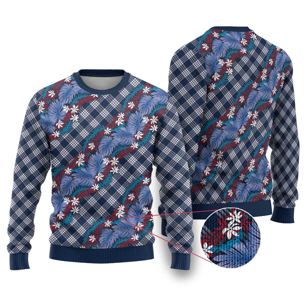 Polynesian Monstera Tiare Floral Ugly Christmas Sweater Royal Blue Tropical Plaid - Polynesian Pride