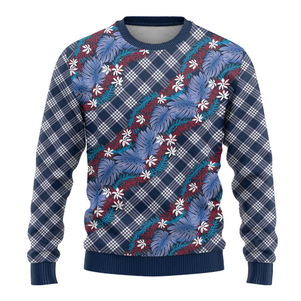 Polynesian Monstera Tiare Floral Ugly Christmas Sweater Royal Blue Tropical Plaid - Polynesian Pride