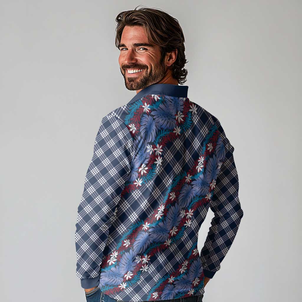 Polynesian Monstera Tiare Floral Long Sleeve Polo Shirt Royal Blue Tropical Plaid - Polynesian Pride