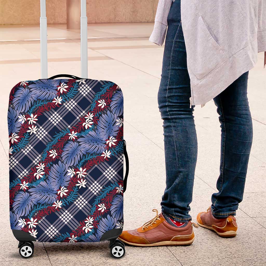 Polynesian Monstera Tiare Floral Luggage Cover Royal Blue Tropical Plaid LT01 Blue - Polynesian Pride