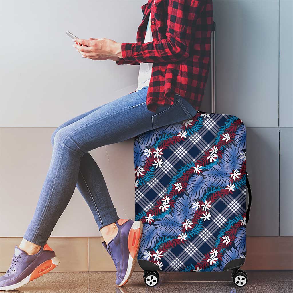 Polynesian Monstera Tiare Floral Luggage Cover Royal Blue Tropical Plaid - Polynesian Pride