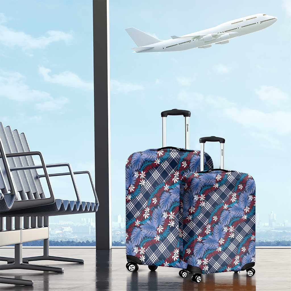 Polynesian Monstera Tiare Floral Luggage Cover Royal Blue Tropical Plaid - Polynesian Pride