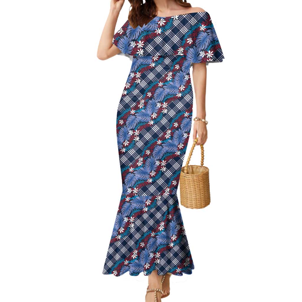 Polynesian Monstera Tiare Floral Mermaid Dress Royal Blue Tropical Plaid LT01 Women Blue - Polynesian Pride