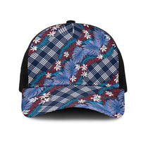 Polynesian Monstera Tiare Floral Mesh Trucker Cap Royal Blue Tropical Plaid - Polynesian Pride