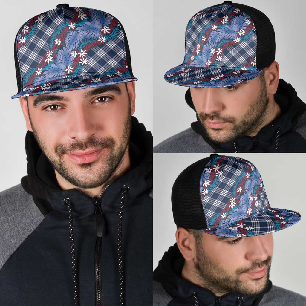 Polynesian Monstera Tiare Floral Mesh Trucker Cap Royal Blue Tropical Plaid - Polynesian Pride