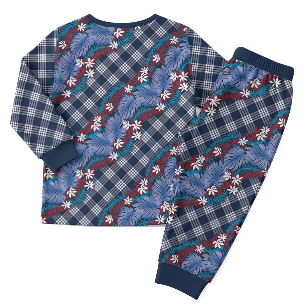 Polynesian Monstera Tiare Floral Christmas Pajama Set Royal Blue Tropical Plaid - Polynesian Pride