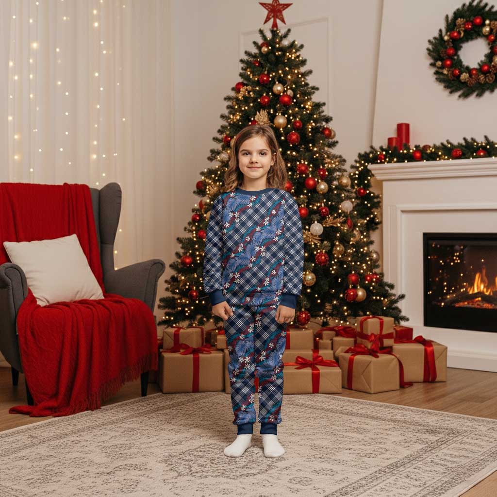 Polynesian Monstera Tiare Floral Christmas Pajama Set Royal Blue Tropical Plaid - Polynesian Pride