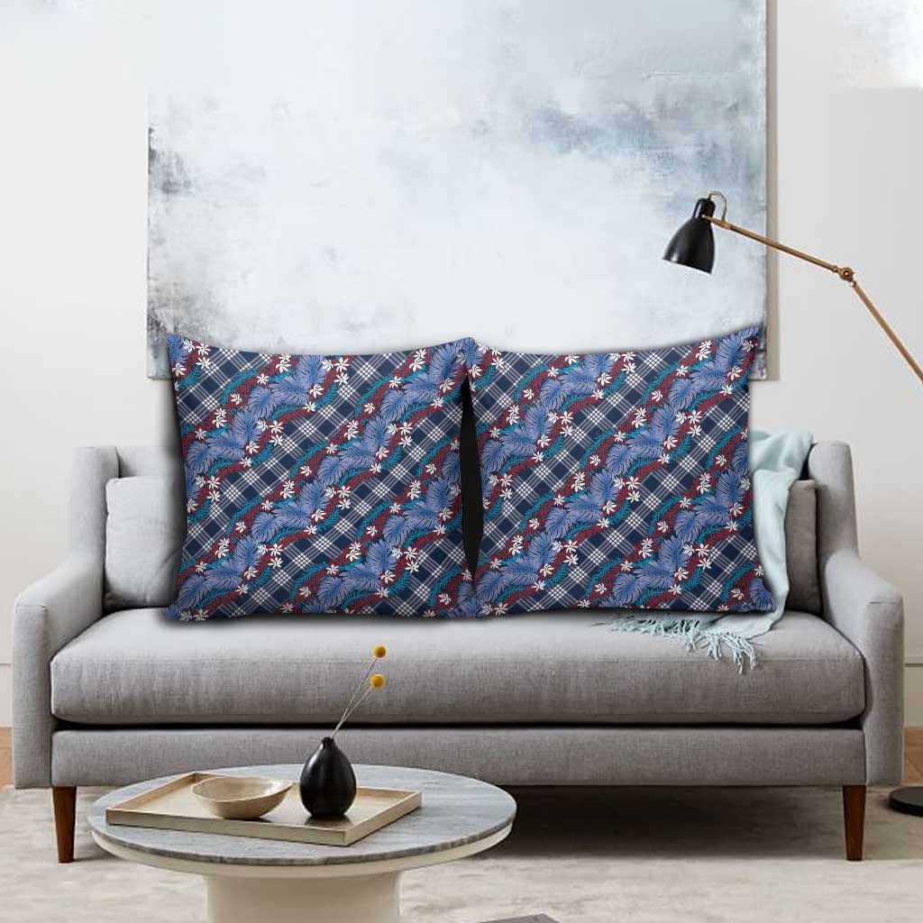 Polynesian Monstera Tiare Floral Pillow Cover Royal Blue Tropical Plaid - Polynesian Pride