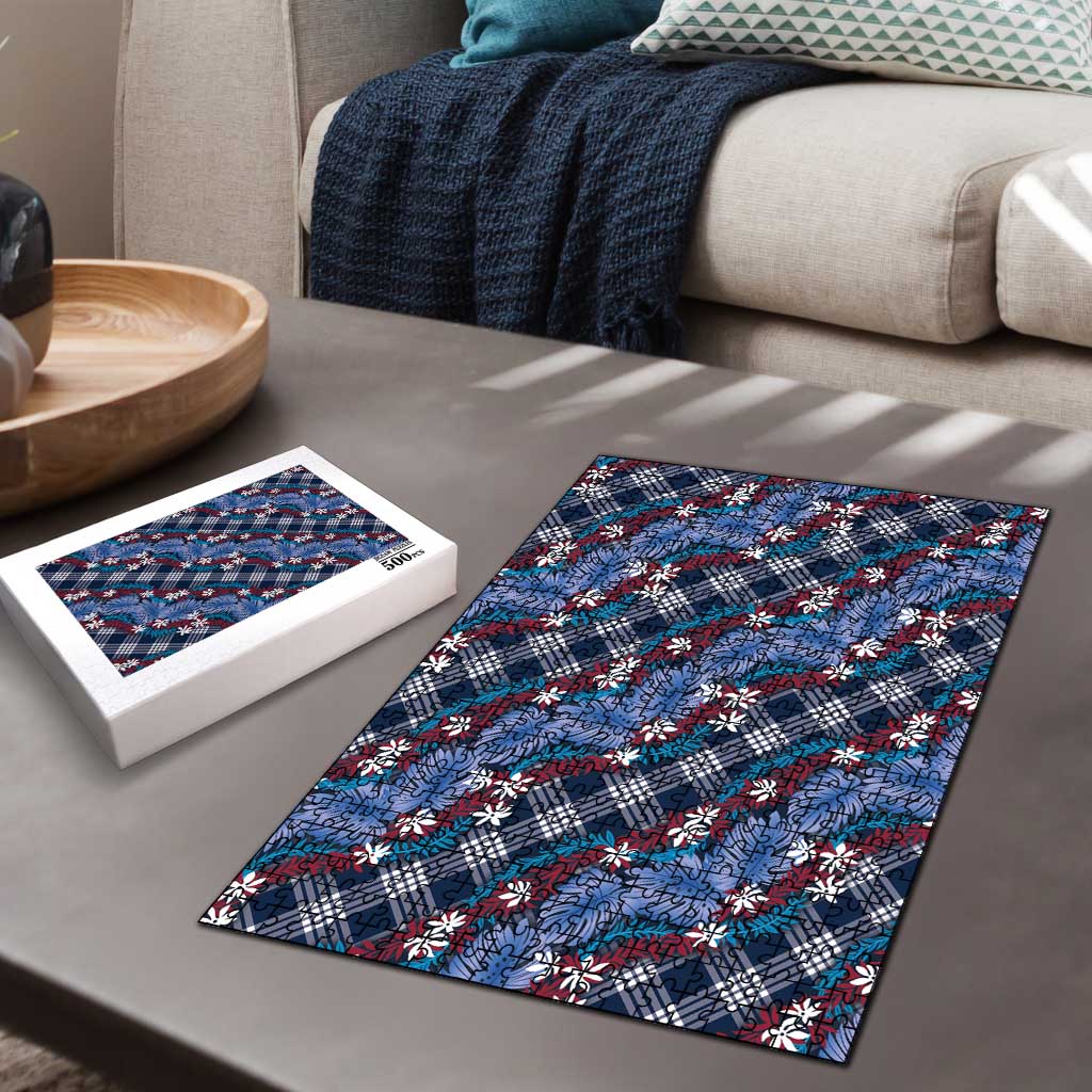 Polynesian Monstera Tiare Floral Puzzle Royal Blue Tropical Plaid LT01 - Polynesian Pride