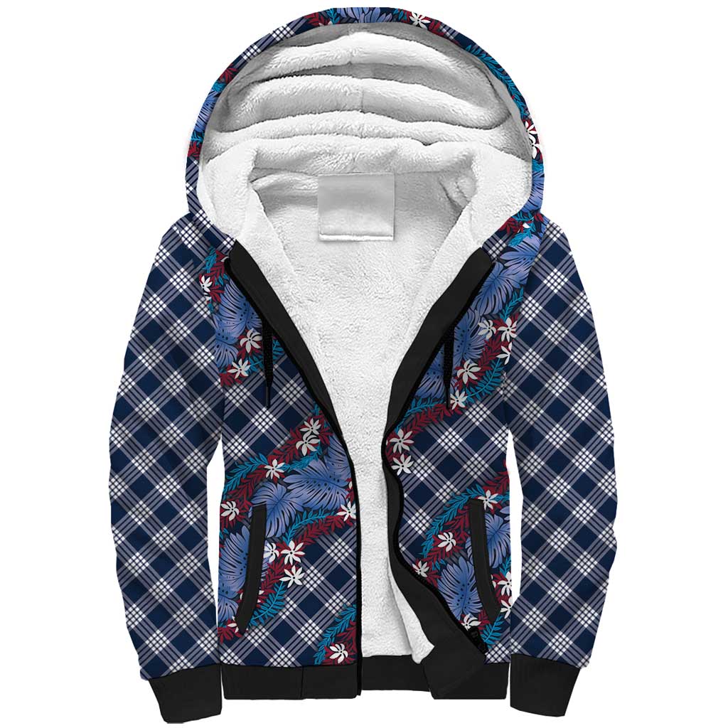 Polynesian Monstera Tiare Floral Sherpa Hoodie Royal Blue Tropical Plaid LT01 Unisex Blue - Polynesian Pride