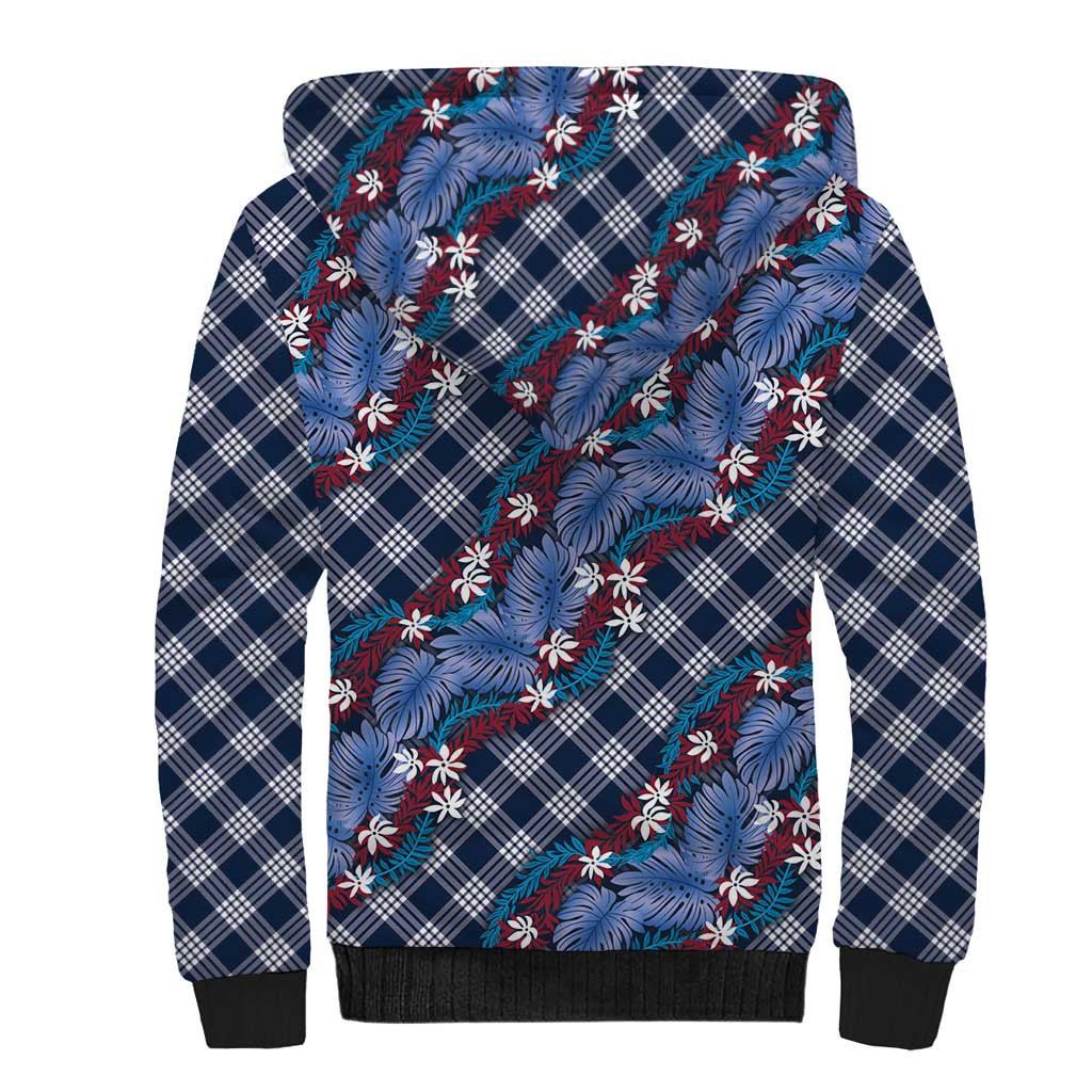 Polynesian Monstera Tiare Floral Sherpa Hoodie Royal Blue Tropical Plaid - Polynesian Pride