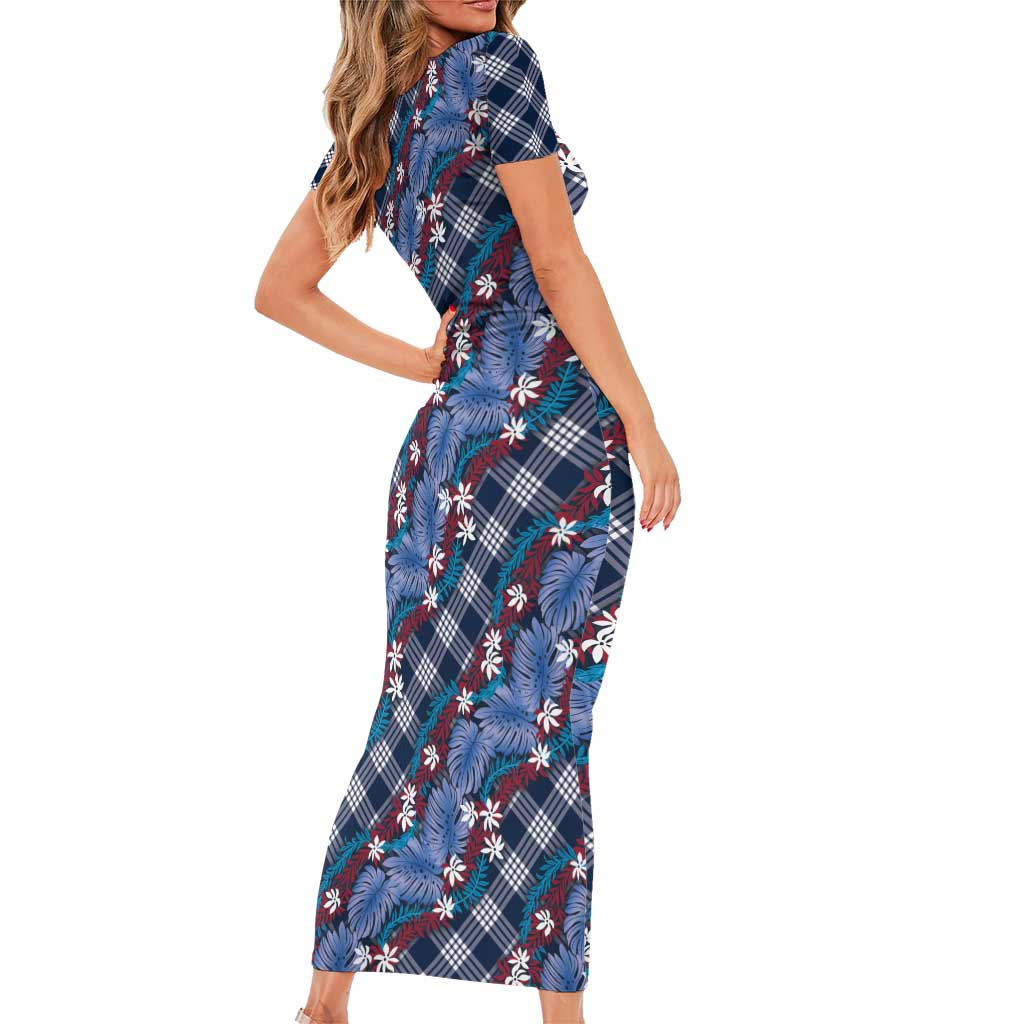 Polynesian Monstera Tiare Floral Short Sleeve Bodycon Dress Royal Blue Tropical Plaid - Polynesian Pride