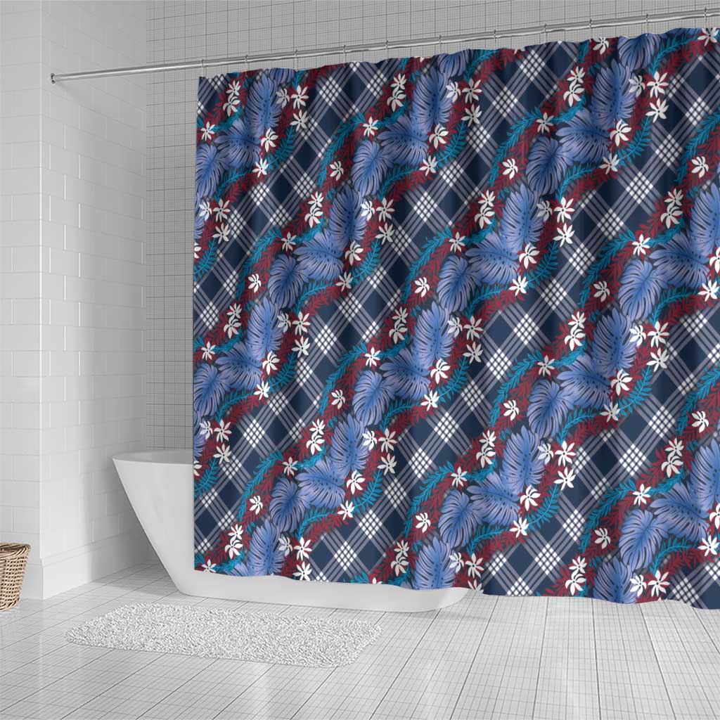 Polynesian Monstera Tiare Floral Shower Curtain Royal Blue Tropical Plaid LT01 - Polynesian Pride
