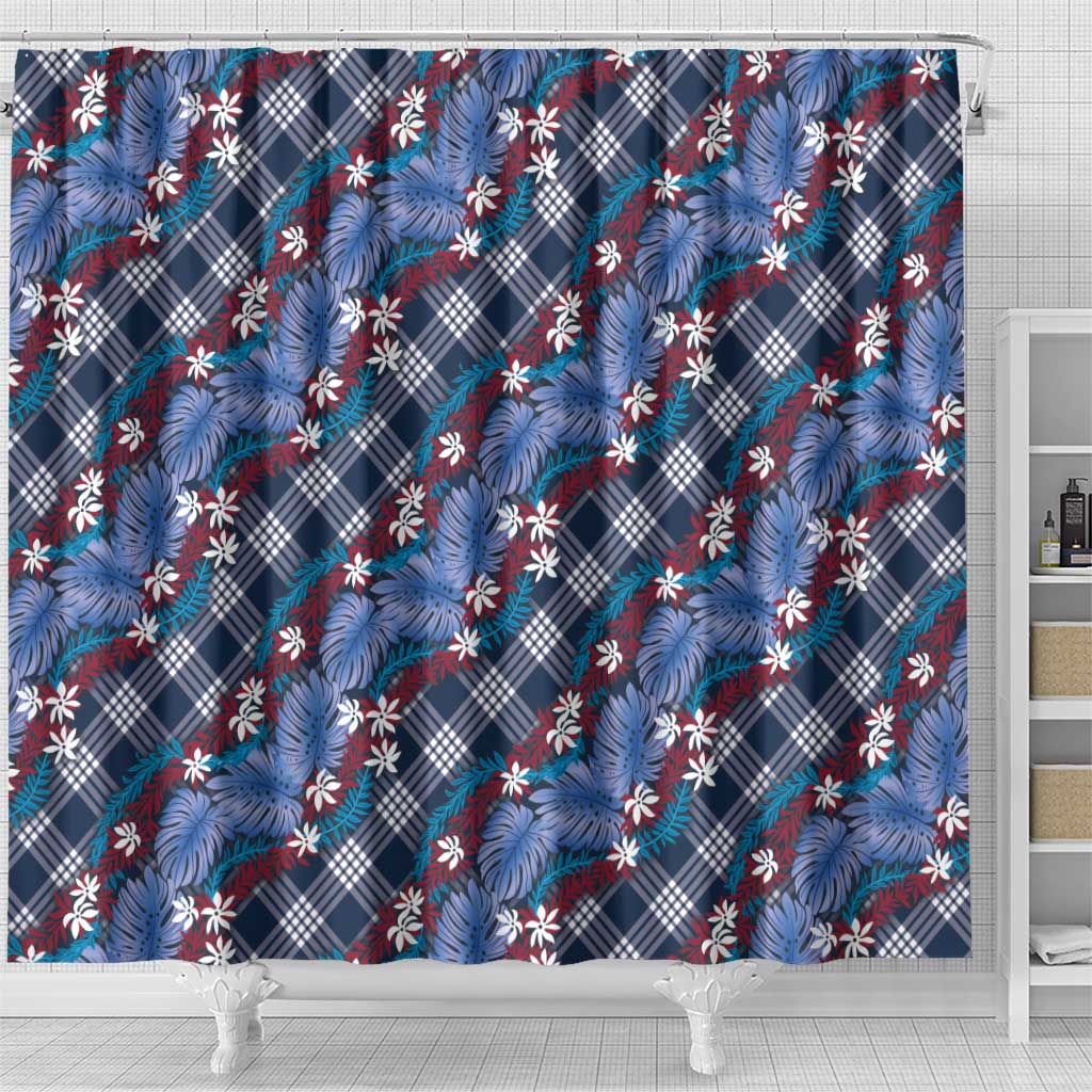 Polynesian Monstera Tiare Floral Shower Curtain Royal Blue Tropical Plaid LT01 - Polynesian Pride
