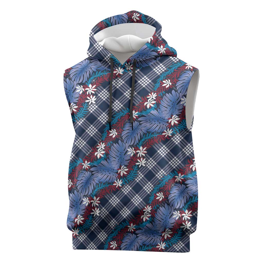 Polynesian Monstera Tiare Floral Sleeveless Hoodie Royal Blue Tropical Plaid LT01 Blue - Polynesian Pride