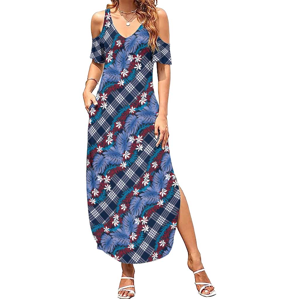 Polynesian Monstera Tiare Floral Summer Maxi Dress Royal Blue Tropical Plaid LT01 Women Blue - Polynesian Pride