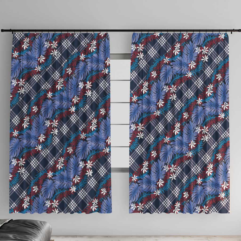 Polynesian Monstera Tiare Floral Window Curtain Royal Blue Tropical Plaid LT01 With Hooks Blue - Polynesian Pride