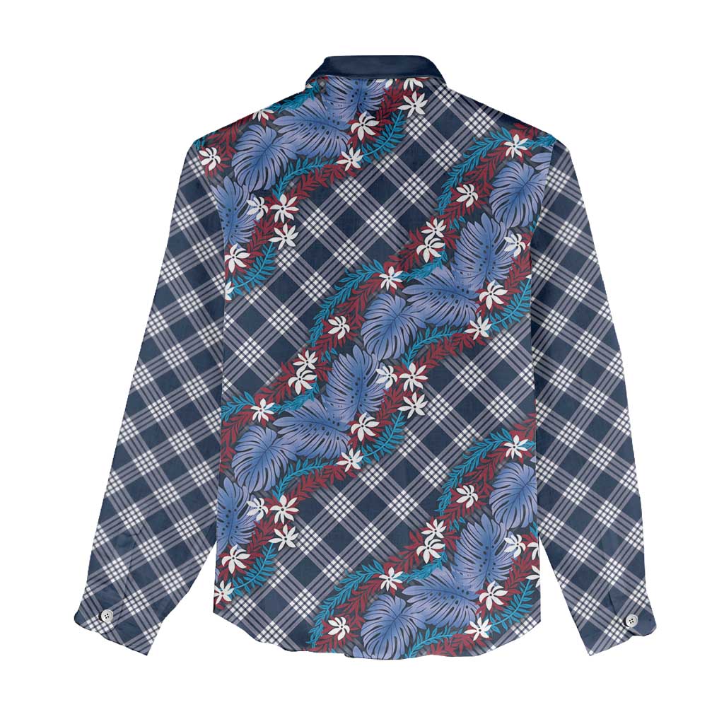 Polynesian Monstera Tiare Floral Women Casual Shirt Royal Blue Tropical Plaid - Polynesian Pride