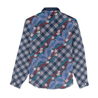 Polynesian Monstera Tiare Floral Women Casual Shirt Royal Blue Tropical Plaid - Polynesian Pride