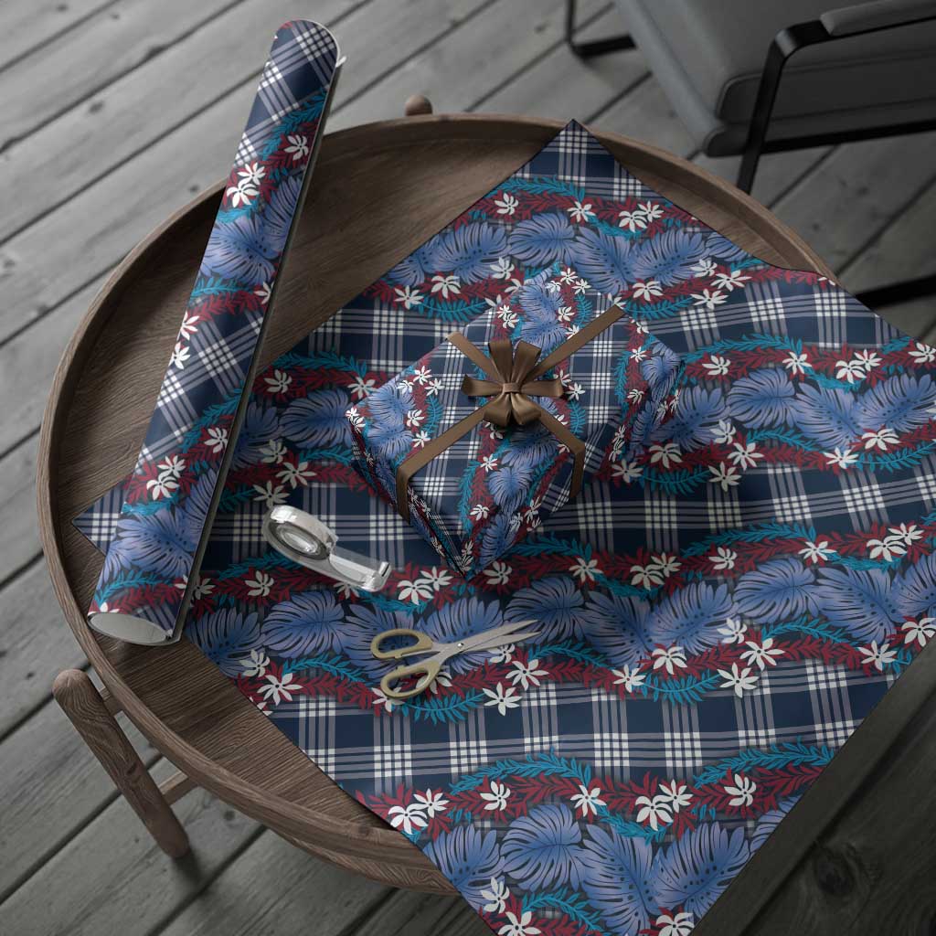 Polynesian Monstera Tiare Floral Wrapping Paper Royal Blue Tropical Plaid - Polynesian Pride