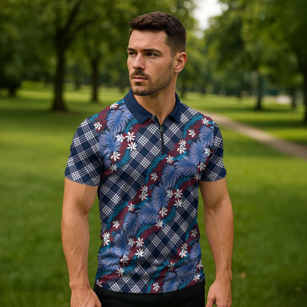 Polynesian Monstera Tiare Floral Zipper Polo Shirt Royal Blue Tropical Plaid - Polynesian Pride