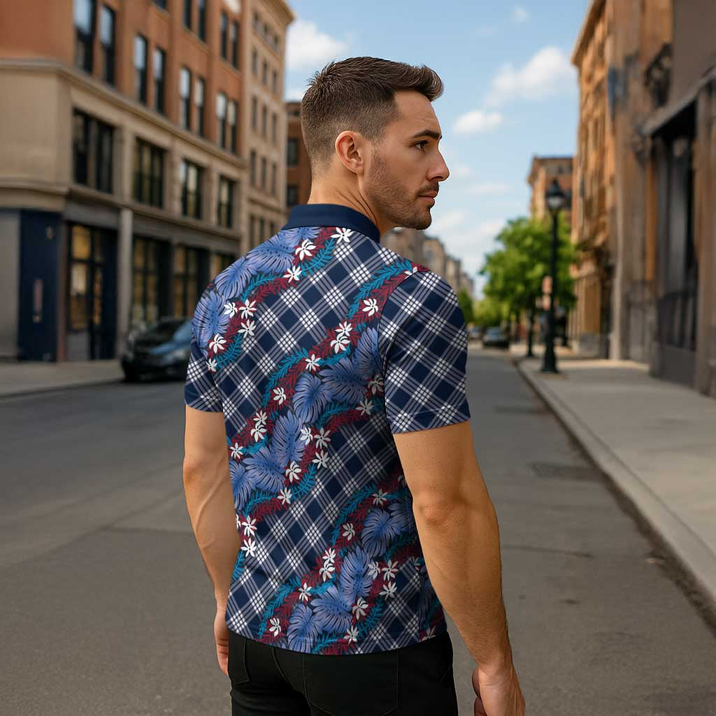Polynesian Monstera Tiare Floral Zipper Polo Shirt Royal Blue Tropical Plaid - Polynesian Pride