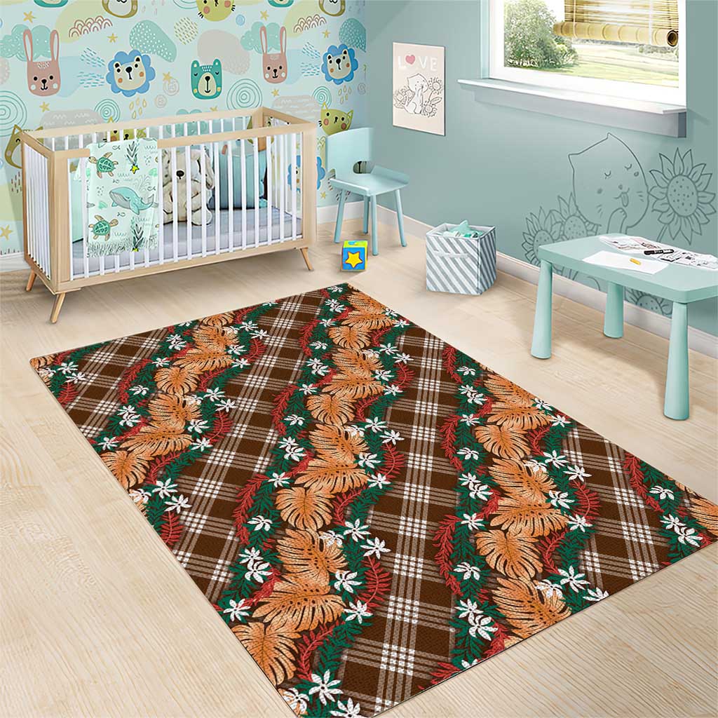 Polynesian Monstera Tiare Floral Area Rug Chocolate Brown Tropical Plaid - Polynesian Pride