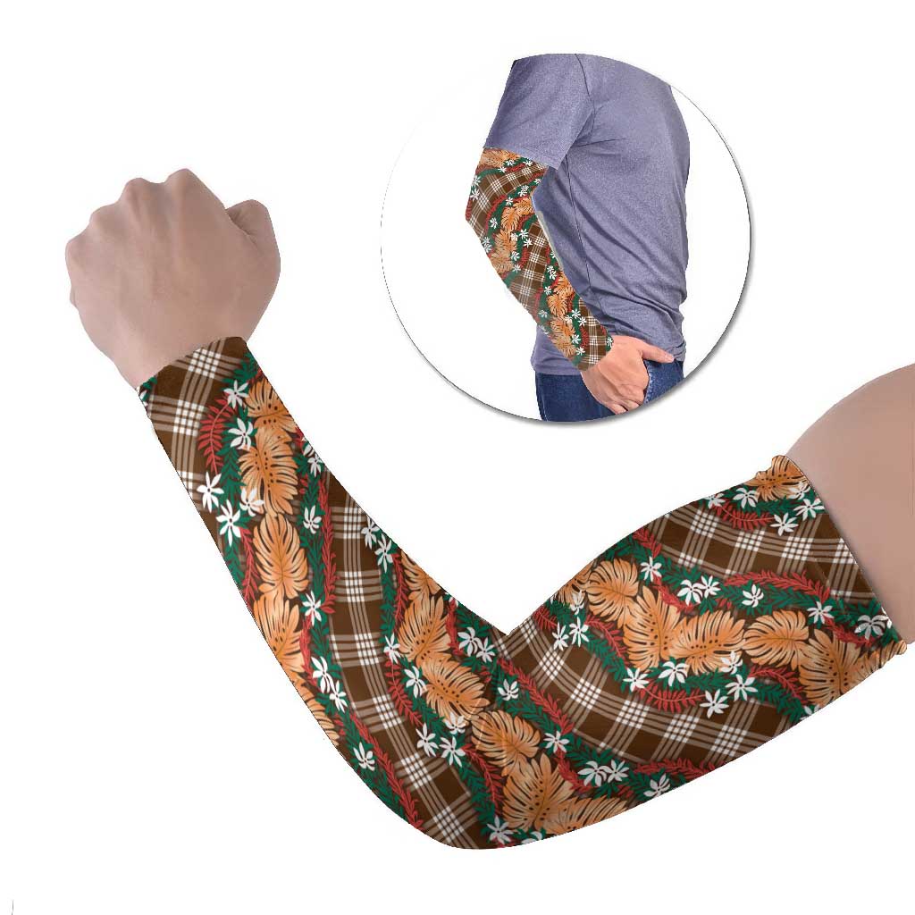 Polynesian Monstera Tiare Floral Arm Sleeves Chocolate Brown Tropical Plaid LT01 Set of 2 Brown - Polynesian Pride