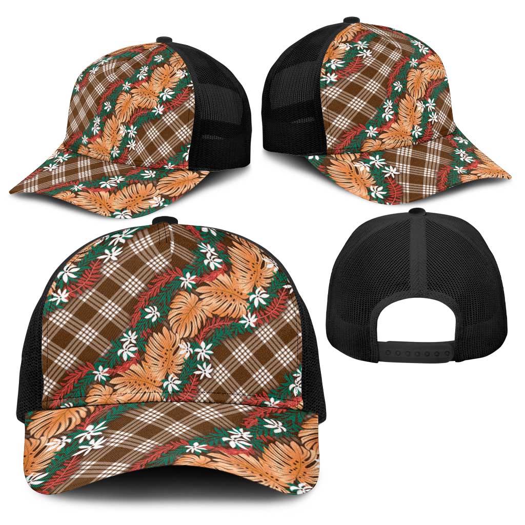 Polynesian Monstera Tiare Floral Baseball Net Cap Chocolate Brown Tropical Plaid - Polynesian Pride