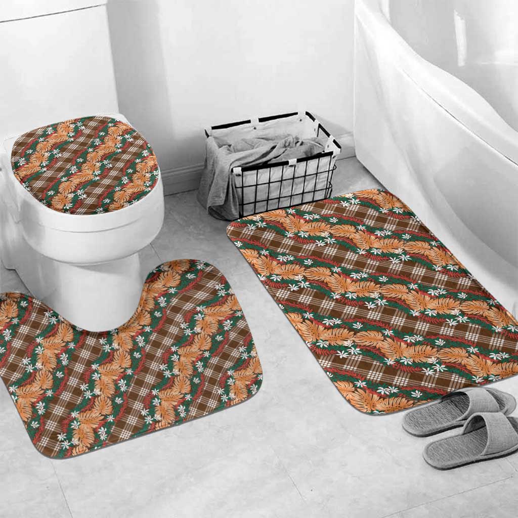 Polynesian Monstera Tiare Floral Bathroom Set Chocolate Brown Tropical Plaid LT01 Mat Set Only (3 pcs) One Size Brown - Polynesian Pride