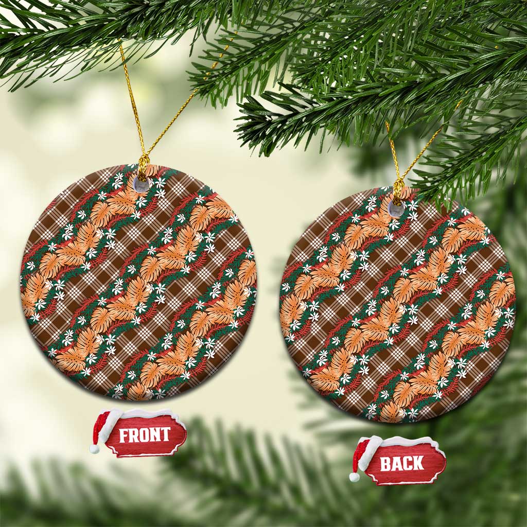 Polynesian Monstera Tiare Floral Ceramic Ornament Chocolate Brown Tropical Plaid - Polynesian Pride