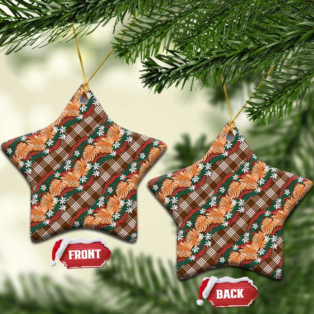 Polynesian Monstera Tiare Floral Ceramic Ornament Chocolate Brown Tropical Plaid - Polynesian Pride