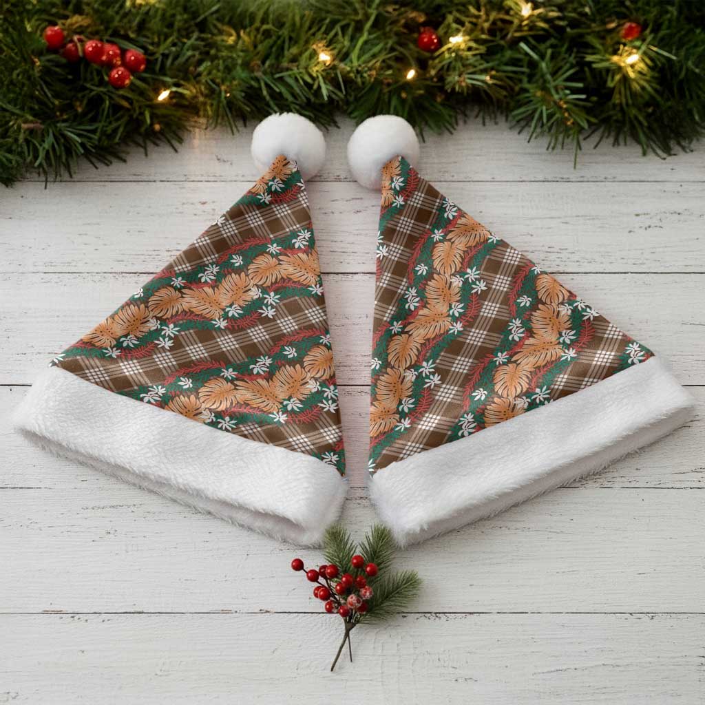 Polynesian Monstera Tiare Floral Christmas Santa Hat Chocolate Brown Tropical Plaid - Polynesian Pride