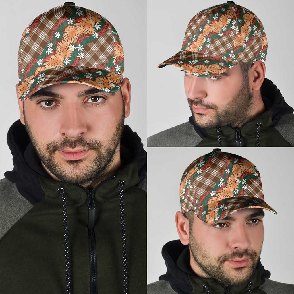 Polynesian Monstera Tiare Floral Classic Cap Chocolate Brown Tropical Plaid - Polynesian Pride