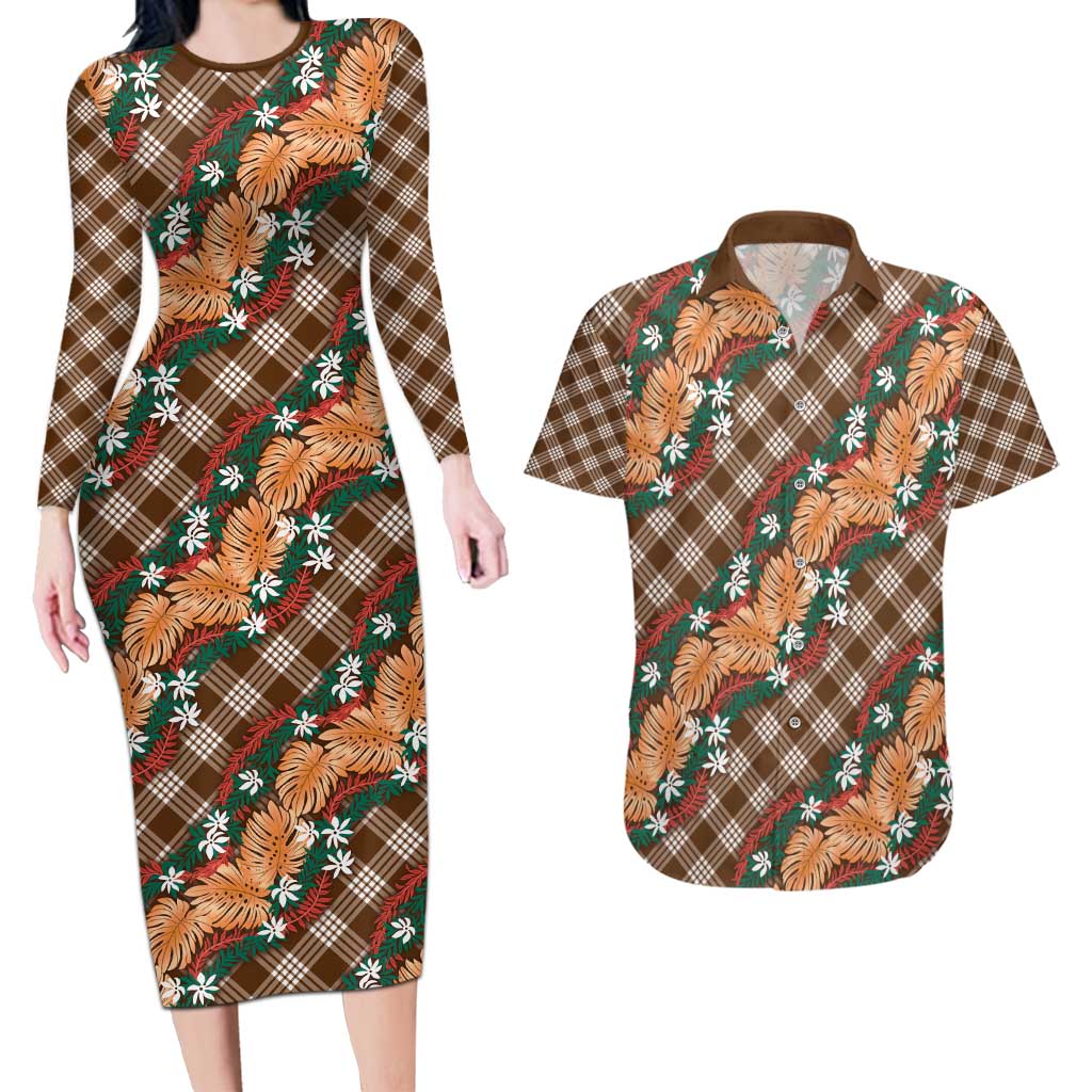 Polynesian Monstera Tiare Floral Couples Matching Long Sleeve Bodycon Dress and Hawaiian Shirt Chocolate Brown Tropical Plaid LT01 Brown - Polynesian Pride