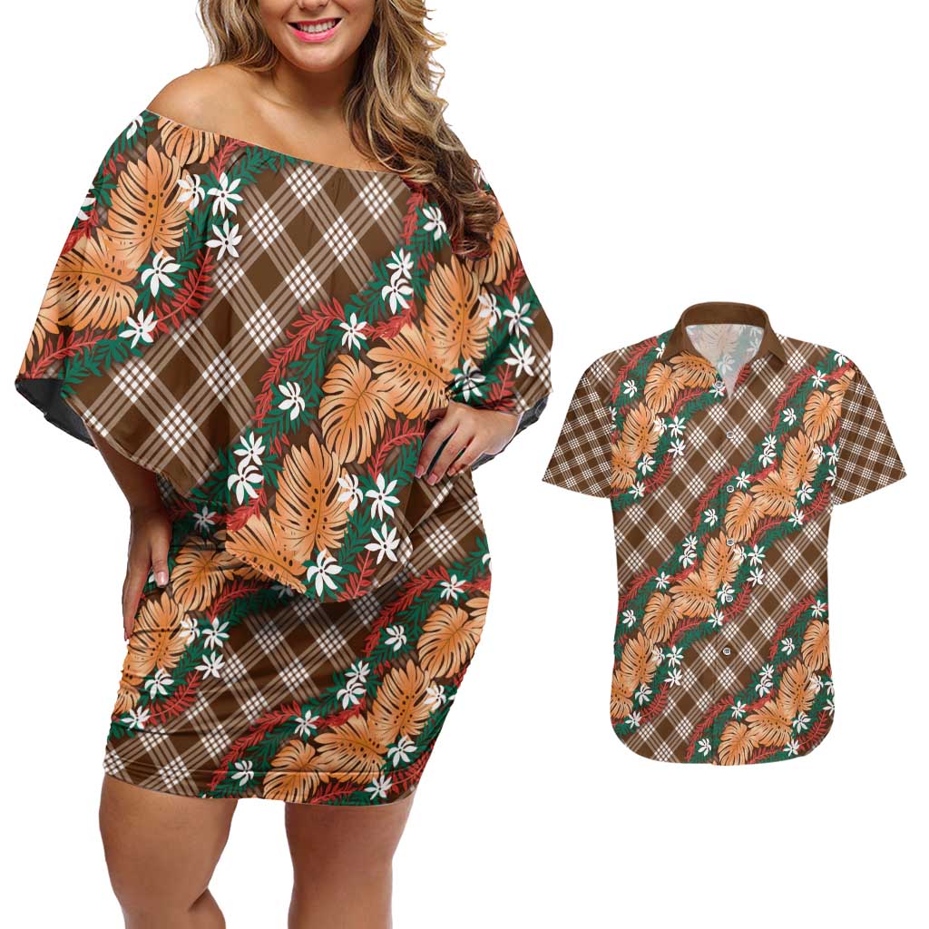 Polynesian Monstera Tiare Floral Couples Matching Off Shoulder Short Dress and Hawaiian Shirt Chocolate Brown Tropical Plaid LT01 Brown - Polynesian Pride