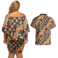 Polynesian Monstera Tiare Floral Couples Matching Off Shoulder Short Dress and Hawaiian Shirt Chocolate Brown Tropical Plaid LT01 - Polynesian Pride