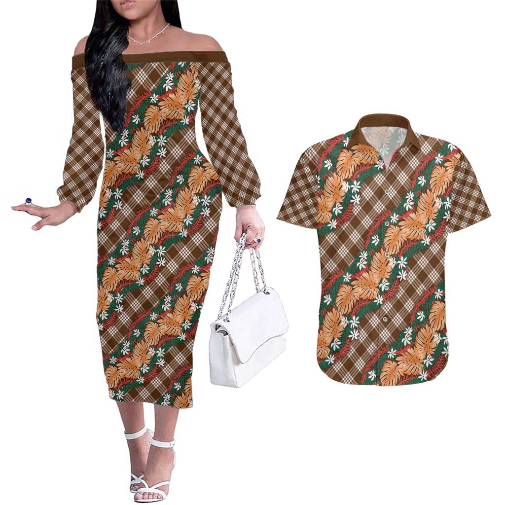 Polynesian Monstera Tiare Floral Couples Matching Off The Shoulder Long Sleeve Dress and Hawaiian Shirt Chocolate Brown Tropical Plaid LT01 Brown - Polynesian Pride