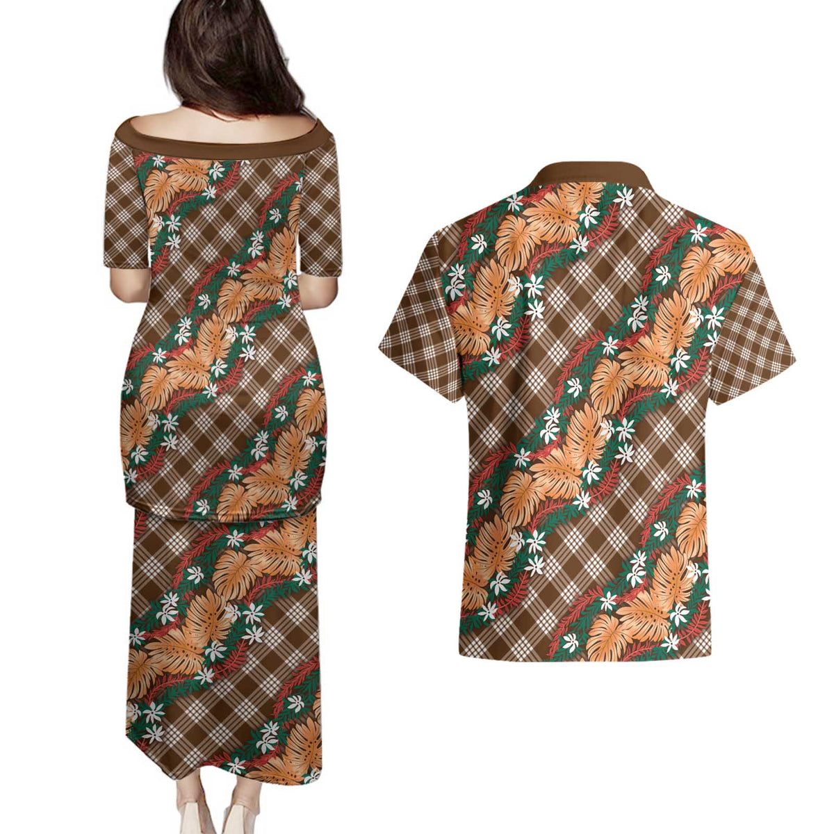 Polynesian Monstera Tiare Floral Couples Matching Puletasi and Hawaiian Shirt Chocolate Brown Tropical Plaid - Polynesian Pride