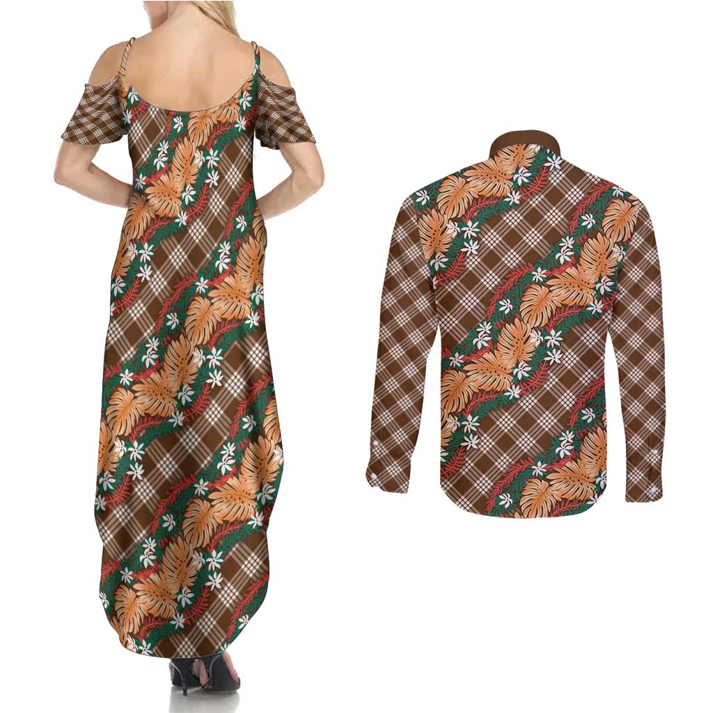 Polynesian Monstera Tiare Floral Couples Matching Summer Maxi Dress and Long Sleeve Button Shirt Chocolate Brown Tropical Plaid - Polynesian Pride