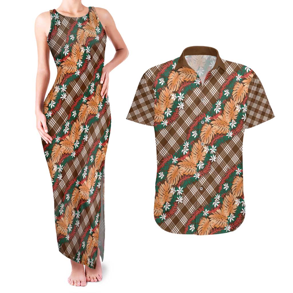 Polynesian Monstera Tiare Floral Couples Matching Tank Maxi Dress and Hawaiian Shirt Chocolate Brown Tropical Plaid LT01 Brown - Polynesian Pride